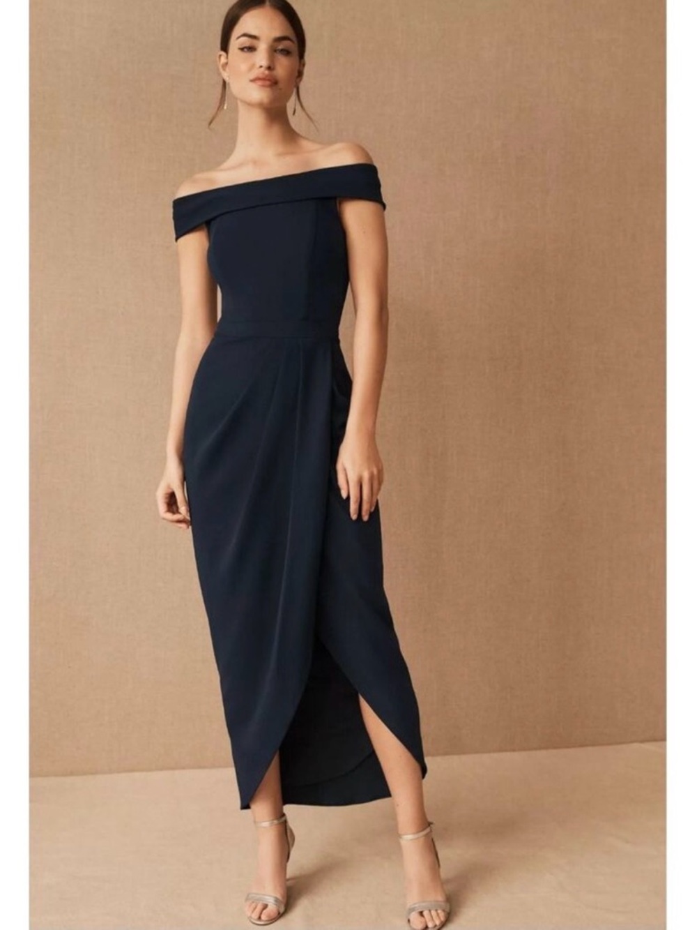 Anthropologie BHLDN | Navy Off-the-Shoulder Thompson Crepe Midi Dress ~ US 18